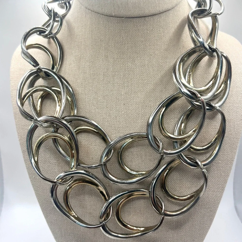 Heavy Chunky Silver Tone Statement Necklace Signed N Oversized Links 222g